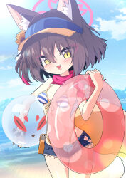 1girl animal_ear_fluff animal_ears ball beach beachball bikini blue_archive blue_bikini blue_shorts blue_sky blush brown_hair commentary_request day denim denim_shorts fang fox_ears fox_girl fox_tail fukamiki_kei hair_between_eyes halo highres holding holding_swim_ring innertube izuna_(blue_archive) izuna_(swimsuit)_(blue_archive) looking_at_viewer micro_shorts ocean official_alternate_costume open_mouth outdoors pink_halo pink_innertube pink_scarf polka_dot_innertube revision scarf short_hair shorts sky slit_pupils solo striped_bikini striped_clothes swim_ring swimsuit tail visor_cap yellow_eyes