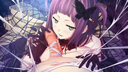 Rule 34 | 1boy, 1girl, assertive female, blunt bangs, blush, breasts, butterfly hair ornament, censored, cura, flat (company), game cg, gloves, hair ornament, hairpin, hetero, highres, large breasts, long hair, looking at viewer, medium breasts, monobeno, mosaic censoring, nipples, penis, pov, purple hair, sawai tooru, silk, smile, solo focus, spider web, takijorou, yellow eyes