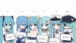 6+girls ? aqua_hair black_eyes black_headwear blue_archive blue_eyes blue_hair blue_jacket breasts channel_(caststation) cleavage closed_mouth color_connection crossover detached_sleeves dress ene_(kagerou_project) faruzan_(genshin_impact) genshin_impact goddess_of_victory:_nikke green_eyes grey_shirt hair_between_eyes hair_color_connection hair_ornament hair_over_one_eye hairstyle_connection hatsune_miku headphones highres hiyori_(blue_archive) holding holding_sign jacket kagerou_project large_breasts league_of_legends long_hair multiple_girls necktie open_mouth orange_eyes parted_lips ponytail privaty_(nikke) shirt side_ponytail sign simple_background sleeves_past_fingers sleeves_past_wrists sona_(league_of_legends) sweat track_jacket trait_connection twintails very_long_hair vocaloid white_background x_hair_ornament