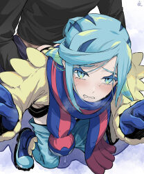 2boys androgynous ass black_shirt blue_eyes blue_hair blush boots clenched_teeth clothes_pull doggystyle grusha_(pokemon) highres implied_sex min_(myna8247) mittens multiple_boys nintendo pants pants_pull pokemon pokemon_sv scarf sex sex_from_behind shirt tearing_up teeth tiptoes winter_clothes yaoi