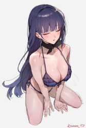 1girl artist_name bare_shoulders between_legs bikini black_ribbon blush breasts cleavage closed_eyes commentary_request cropped_legs duplicate earrings front-tie_bikini_top front-tie_top hand_between_legs honkai_(series) honkai_impact_3rd jewelry large_breasts long_hair looking_ahead navel neck_ribbon open_mouth purple_bikini purple_hair raiden_mei raiden_mei_(apho) ribbon side-tie_bikini_bottom sitting solo sooon stomach straight_hair swimsuit very_long_hair wariza
