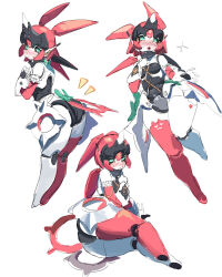 1girl :o absurdres ass black_sclera blush colored_sclera commentary english_commentary full_body green_eyes highres humanoid_robot joints multiple_views no_feet nose_blush open_mouth reallycute456 robot robot_ears robot_girl robot_joints simple_background sketch sweatdrop thighs white_background yutane_johiel zenless_zone_zero