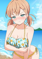 1girl :t absurdres aqua_eyes arm_under_breasts bare_shoulders beach bikini blue_sky blush breasts check_commentary cleavage closed_mouth cloud collarbone commentary_request cowboy_shot day frilled_bikini frills frown hair_intakes hair_ornament hairclip halterneck highres hinoshita_kaho hinoshita_kaho_(swimsuit) large_breasts leaning_forward light_particles link!_like!_love_live! lone_nape_hair looking_at_viewer love_live! low_twintails mismatched_bikini navel no_jacket nose_blush ocean official_alternate_costume official_alternate_hairstyle outdoors pout ruffle_bikini side-tie_bikini_bottom sky solo sparkle split_mouth swimsuit twintails v-shaped_eyebrows virtual_youtuber zanpon