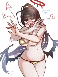 Rule 34 | 1girl, bikini, black hair, black wings, blood, blood halo, blue archive, blush, breasts, commentary request, embarrassed, flying sweatdrops, gold bikini, halo, highres, komena (shinyday312), large breasts, liquid halo, long hair, low wings, navel, open mouth, red eyes, solo, swimsuit, tsurugi (blue archive), very long hair, white background, wings