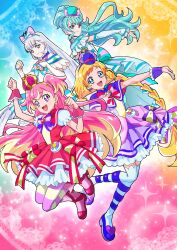 4girls absurdres aqua_bow aqua_bowtie aqua_hair aqua_hat arched_crown arm_up blonde_hair blue_choker blue_crown blue_eyes blunt_bangs boots bow bowtie braid brooch capelet choker commentary crown cure_friendy cure_lillian cure_nyammy cure_wonderful dress dress_bow earrings flat_cap gloves grey_hair hairband half_gloves hat heart heart_brooch highres inukai_iroha inukai_komugi jewelry jumping long_hair magical_girl medium_dress mini_crown multicolored_hair multiple_girls nekoyashiki_mayu nekoyashiki_yuki off-shoulder_dress off_shoulder pantyhose paw_pose petting pink_boots pink_crown pink_eyes pink_hair pink_pantyhose pointed_crown pouch precure purple_bow purple_bowtie purple_capelet purple_dress purple_eyes purple_hairband purple_hat purple_shoes red_bow red_bowtie red_dress shoes short_dress side_ponytail sparkle standing standing_on_one_leg straight_hair thighhighs tilted_headwear top_hat tsukikage_oyama twin_braids two-tone_hair two_side_up very_long_hair white_dress white_gloves white_thighhighs wonderful_precure! wrist_cuffs yellow_hairband yellow_pantyhose