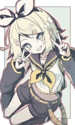 1girl absurdres bare_shoulders belt black_sailor_collar black_shorts black_sleeves blonde_hair blue_eyes bow collarbone detached_sleeves double_v dynamic_pose full_body hair_bow halka highres kagamine_rin looking_at_viewer medium_hair midriff muted_color navel outline outside_border red_outline sailor_collar shirt shorts sleeveless sleeveless_shirt solo v vocaloid white_shirt yellow_belt