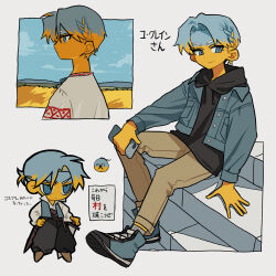 1boy black_hoodie black_pants blue_jacket braid brown_pants buttons closed_mouth colored_skin cossack countryball countryhumans denim denim_jacket highres hood hoodie jacket looking_at_viewer looking_to_the_side multiple_views pants saboten92 side_braid smile stairs translation_request ukraine_(countryhumans) ukraineball wheat_field yellow_skin