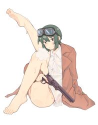 1girl absurdres black_eyes blush bottomless breath brown_coat closed_mouth coat colt_1851_navy commentary expressionless feet full_body goggles goggles_on_head green_hair gun handgun highres kino_(kino_no_tabi) kino_no_tabi kokuya_(kokuya28) leg_up looking_at_viewer open_clothes open_coat revolver shirt short_hair simple_background solo sweat trigger_discipline weapon wet wet_clothes wet_shirt white_background white_shirt