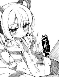 1boy 1girl animal_ear_headphones animal_ears bar_censor blue_archive blunt_bangs blush bottomless bow cat_ear_headphones cat_ears cat_tail censored cleft_of_venus closed_mouth clothed_sex collared_shirt commentary_request cum dress_shirt ejaculation fake_animal_ears fake_tail greyscale hair_bow headphones hetero highres jacket legs_together loli long_sleeves looking_at_viewer low-tied_sidelocks medium_hair midori_(blue_archive) monochrome motion_lines necktie open_clothes open_jacket parted_bangs penis pov projectile_cum pussy school_uniform shirt short_necktie sidelocks simauma sitting sitting_on_person smile solo_focus sound_effects split_mouth sweat tail tail_raised thigh_sex thighhighs wing_collar