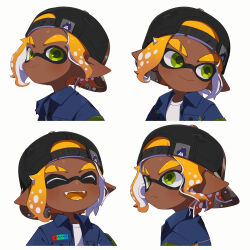 1boy absurdres backwards_hat baseball_cap black_hat blonde_hair blue_jacket closed_eyes closed_mouth colored_tongue commentary_request cropped_shoulders eyebrow_cut fangs green_eyes hat highres inkling_boy inkling_player_character jacket male_focus multiple_views nintendo open_clothes open_jacket open_mouth pointy_ears shirt short_hair simple_background smile splatoon_(series) surume01417 tentacle_hair thick_eyebrows white_background white_shirt yellow_tongue