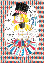1girl 922pochan argyle_background black_hat blonde_hair blue_bow blue_skirt bow collared_jacket commentary_request epaulettes frilled_jacket frilled_skirt frills hat highres holding holding_brush jacket long_sleeves masking_tape_(medium) military_hat military_jacket multicolored_skirt original profile red_skirt short_hair sidelocks skirt smile solo traditional_media unconventional_media upper_body white_jacket white_skirt white_sleeve_cuffs yellow_eyes