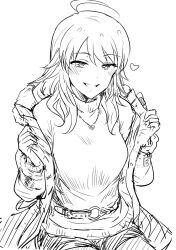 Rule 34 | 1girl, ahoge, belt, blush, greyscale, grin, half-closed eyes, heart, heart necklace, highres, hoshii miki, idolmaster, idolmaster (classic), jacket, jewelry, long hair, long sleeves, looking at viewer, monochrome, necklace, open clothes, open jacket, shirt, simple background, smile, solo, tsurui, white background