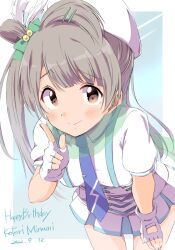 Rule 34 | 1girl, birthday, blue necktie, blush, border, bow, brown eyes, brown hair, character name, closed mouth, dated, english text, fingerless gloves, gloves, green bow, green scarf, hair bow, hair ornament, hair rings, hairclip, hand up, happy birthday, hat, highres, index finger raised, leaning forward, long hair, love live!, love live! school idol project, minami kotori, necktie, one side up, outside border, scarf, see-through scarf, sen (sen0910), shirt, short sleeves, single hair ring, skirt, smile, solo, white border, white gloves, white hat, white shirt, white skirt, wonderful rush