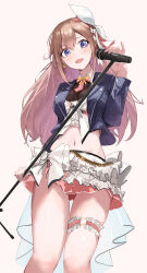 1girl absurdres blazer blue_eyes blue_jacket blush bow bow_skirt bowtie brown_hair chest_bow collared_shirt cowboy_shot cropped_jacket cropped_shirt double-parted_bangs earrings frilled_shirt frilled_skirt frilled_thigh_strap frills groin hair_between_eyes hair_bow halter_shirt halterneck highres holding holding_microphone holding_microphone_stand hololive idol idol_clothes jacket jewelry lapels layered_skirt long_hair long_sleeves looking_at_viewer menomeno_draw microphone microphone_stand midriff miniskirt multicolored_shirt multicolored_skirt navel necktie o-ring o-ring_thigh_strap official_alternate_costume open_mouth shirt showgirl_skirt sidelocks simple_background skirt smile solo suit_jacket thigh_gap thigh_strap thighs tokino_sora tokino_sora_(7th_costume) virtual_youtuber white_bow wing_collar