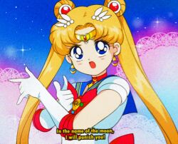 Rule 34 | 1990s (style), 1girl, back bow, bad id, bad twitter id, bishoujo senshi sailor moon, blonde hair, blue background, blue eyes, blue sailor collar, bow, bowtie, brooch, choker, circlet, commentary request, crescent, crescent choker, crescent earrings, determined, dot nose, double bun, double finger gun, earrings, elbow gloves, english text, eyelashes, fake screenshot, faux retro artstyle, film grain, finger gun, gloves, hair bun, hair ornament, honeymoonpetal, jewelry, lace background, leotard, light blush, light particles, long hair, looking at viewer, magical girl, official style, open mouth, pointing, pointing at viewer, red bow, red bowtie, red choker, retro artstyle, romaji commentary, sailor collar, sailor moon, short sleeves, solo, sparkle, star (symbol), star earrings, tareme, tsukino usagi, twintails, upper body, very long hair, white gloves, white leotard
