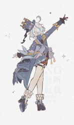 1girl absurdres ahoge back_bow black_boots black_shorts blue_bow blue_coat blue_hair boots bow coat commentary_request frilled_socks frills full_body furina_(genshin_impact) genshin_impact high_heel_boots high_heels highres multicolored_hair orokana short_hair shorts simple_background socks solo streaked_hair thigh_strap white_background white_hair white_socks