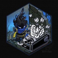 2boys animal_head black_fire black_gloves black_pants black_vest blue_cape bug butterfly cape chibi coffin der_freischuetz_(project_moon) extra_arms fire flaming_head flaw_eight funeral_of_the_dead_butterflies gloves gold_trim grave gun holding holding_hands holding_weapon insect lobotomy_corporation multiple_boys pants project_moon rifle rubble smoke vest weapon