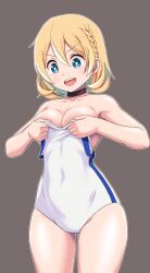 1girl :d bare_shoulders blonde_hair blue_eyes braid breasts choker grey_background hair_between_eyes highres one-piece_swimsuit open_mouth short_hair small_breasts smile solo souffle_flamberry standing swimsuit syd_craft:_love_is_a_mystery undressing vierosky