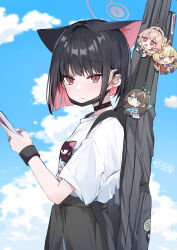 1girl absurdres airi_(band)_(blue_archive) airi_(blue_archive) animal_ears black_mask blue_archive cat_ears character_charm charm_(object) clothes_around_waist colored_inner_animal_ears colored_inner_hair extra_ears futagoma halo highres jacket jacket_around_waist kazusa_(band)_(blue_archive) kazusa_(blue_archive) mask_pull multicolored_hair natsu_(band)_(blue_archive) natsu_(blue_archive) official_alternate_costume solo yoshimi_(band)_(blue_archive) yoshimi_(blue_archive)