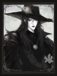 1boy collared_coat commentary d_(vampire_hunter_d) greyscale hair_between_eyes hat kirkkafrr lipstick long_hair looking_to_the_side makeup male_focus monochrome nose picture_frame serious solo unfinished upper_body vampire_hunter_d
