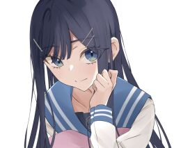 Rule 34 | 1girl, blue eyes, bow, bowtie, danganronpa: trigger happy havoc, danganronpa (series), hair ornament, hairclip, hand up, long hair, long sleeves, maizono sayaka, pink bow, pink bowtie, rumaron, sailor collar, school uniform, shirt, simple background, smile, solo, white background