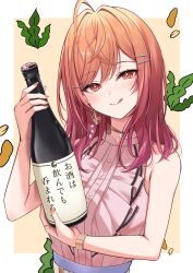 Rule 34 | 1girl, :q, ahoge, alcohol, bare shoulders, border, bottle, breasts, center frills, choker, closed mouth, commentary request, deshihayashi18, earrings, frills, gold earrings, hair ornament, hairclip, highres, holding, holding bottle, hololive, hololive dev is, ichijou ririka, ichijou ririka (1st costume), jewelry, large breasts, long hair, looking at viewer, orange eyes, orange hair, orange nails, pink shirt, ring, shirt, sleeveless, sleeveless shirt, smile, solo, tongue, tongue out, translation request, upper body, virtual youtuber, white border, wine, wristband, yellow background