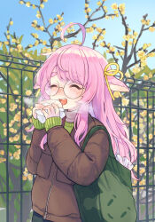 1girl ahoge animal_ears bag steamed_bun bow branch closed_eyes day ear_ribbon fence food glasses highres holding holding_food jacket layered_clothes long_hair long_sleeves naname_(7name) open_mouth original outdoors pink_hair plant round_eyewear sky smile solo steam sweater thick_eyebrows tote_bag turtleneck