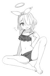 arona_(blue_archive) blue_archive bow_hairband braid cameltoe collarbone flying_sweatdrops frilled_swimsuit frills greyscale hair_over_one_eye hairband halo highres looking_at_viewer monochrome navel saiste single_braid smile sweat swimsuit