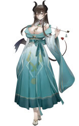 1girl absurdres aqua_robe bare_shoulders black_hair black_horns breasts chinese_clothes cleavage convenient_censoring demon_girl demon_horns demon_tail detached_collar full_body green_eyes highres holding holding_smoking_pipe horns huge_breasts large_breasts long_hair long_sleeves low_wings original pointy_ears robe sash shoes smoking_pipe solo standing tail wide_sleeves wings youqimin_(jiegaozhong)