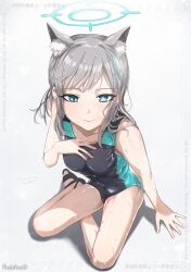 1girl animal_ear_fluff animal_ears bare_arms black_one-piece_swimsuit black_sandals blue_archive blue_eyes blush closed_mouth cross_hair_ornament grey_hair hair_ornament hand_on_own_chest highres long_hair looking_at_viewer official_alternate_costume one-piece_swimsuit puchikun sandals shiroko_(blue_archive) shiroko_(swimsuit)_(blue_archive) sidelocks sitting smile solo sweatdrop swimsuit wet wet_hair wolf_ears wolf_girl