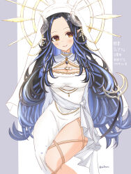 1girl black_hair blue_hair blush breasts brown_eyes chest_belt cleavage cleavage_cutout closed_mouth clothing_cutout commentary_request curled_horns demon_girl demon_horns demon_tail dress feet_out_of_frame grey_horns halo halo_behind_head hebiyoi_tier hebiyoi_tier_(2nd_costume) highres horns large_breasts long_hair looking_at_viewer mitsuru_aga multicolored_hair nanashi_inc. pointy_ears sidelocks smile spiked_halo tail translation_request two-tone_hair virtual_youtuber white_coif white_dress yellow_halo
