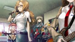 1boy 4girls akiha_rumiho amane_suzuha animal_ears arm_belt band_(music) belt beret bike_shorts black_belt black_ribbon black_shorts black_trim blonde_hair blue_jacket braid breast_pocket breasts brown_hair brown_jacket buttons cat_ears checkered_buckle cleavage closed_mouth collarbone collared_shirt cymbals day dress drill_hair drum drum_set drumsticks electric_guitar expressionless eyelashes eyes_out_of_frame fake_animal_ears fat fat_man frilled_dress frills from_side future_gadget_lab game_cg glasses green_shirt guitar hair_between_eyes hair_over_shoulder hair_tie hashida_itaru hat head_out_of_frame high_collar highres holding holding_drumsticks holding_guitar holding_instrument holding_microphone holding_plectrum huke indoors instrument jacket jacket_partially_removed jitome keyboard_(instrument) kiryuu_moeka leather_belt long_hair long_sleeves looking_down makise_kurisu medium_breasts microphone microphone_stand miniskirt mouth_out_of_frame multiple_girls music necktie non-web_source official_art piano pink_eyes pink_hair plant playing_instrument playing_piano plectrum pocket potted_plant puffy_shorts purple_trim red_necktie ribbon ringed_eyes shirt shorts skirt sleeve_slit small_breasts smile square_pupils standing steins;gate steins;gate:_my_darling&#039;s_embrace track_jacket tsurime twin_braids twin_drills twintails white_shirt yellow_dress yellow_eyes yellow_hat zipper zipper_pull_tab