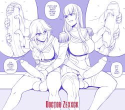 Rule 34 | 2futa, angry, artist name, blush, breasts, cleavage, clenched teeth, collarbone, doctor zexxck, english text, foreskin, futa with futa, futanari, handjob, highres, huge penis, junketsu, kill la kill, kiryuuin satsuki, large breasts, large penis, long hair, looking at another, matoi ryuuko, multiple futa, mutual handjob, mutual masturbation, penis, senketsu, short hair, sitting, skirt, teeth, testicles, thighhighs, uncensored