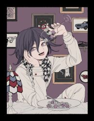 1boy arm_belt belt black_border black_scarf border bowl bug butterfly car chain checkered_clothes checkered_scarf chi_(02tt_guru) clown commentary_request cup danganronpa_(series) danganronpa_v3:_killing_harmony dice drinking_glass elbow_on_table fingernails gun hair_between_eyes hand_on_own_cheek hand_on_own_face handgun highres holding holding_cup insect jacket knee_up lamp layered_sleeves long_sleeves looking_at_viewer motor_vehicle multiple_belts oma_kokichi open_mouth painting_(object) pants pouring purple_background purple_eyes purple_hair scarf short_hair sitting smile solo teeth thigh_belt thigh_strap tongue two-tone_scarf upper_body upper_teeth_only weapon white_belt white_jacket white_pants white_scarf wine_glass