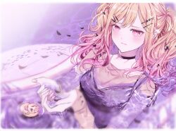 Rule 34 | 0202ase, 1girl, absurdres, black choker, black dress, blonde hair, blurry edges, blush, chain, chain necklace, choker, commentary, dot nose, double-parted bangs, dress, gradient hair, hair ornament, hairpin, heart pendant, highres, jewelry, korean commentary, long sidelocks, long sleeves, looking at viewer, multicolored hair, multiple hairpins, necklace, no seek no find (project sekai), official alternate costume, partially submerged, pink eyes, pink hair, pink nails, pink shirt, project sekai, rubber duck, shirt, shirt under dress, sidelocks, solo, star (symbol), star hair ornament, tearing up, tenma saki, twintails