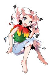 1girl alphes_(style) barefoot black_hair blue_eyes blue_skirt capelet colored_tips commentary_request dairi defeat facial_mark feather_capelet feathers flat_chest forehead forehead_mark fossilized_wonders full_body gradient_feathers green_leaf hand_up houjuu_chimi leaf_clothing leaf_shirt long_hair looking_at_viewer multicolored_hair open_mouth parody red_feathers shirt simple_background skirt sleeveless sleeveless_shirt solo style_parody sweatdrop tachi-e tearing_up torn_capelet torn_clothes torn_skirt touhou transparent_background white_hair wide-eyed yellow_feathers