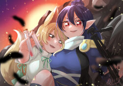 2girls animal_ears blonde_hair blue_dress blue_hair corked_bottle dress fox_girl hat highres holding holding_tripod iizunamaru_megumu kanonari kudamaki_tsukasa multiple_girls romper touhou tripod white_romper