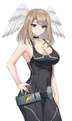 1girl absurdres belt black_bodysuit black_choker blue_eyes bodysuit breast_tattoo breasts brown_hair choker cleavage covered_navel crimecrime eunie_(xenoblade) feathered_wings grin head_wings highres large_breasts looking_at_viewer simple_background smile solo tattoo white_background white_wings wings xenoblade_chronicles_(series) xenoblade_chronicles_3
