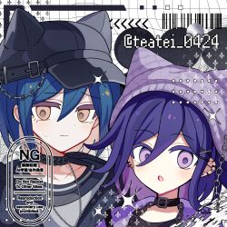 Rule 34 | 2boys, :o, baseball cap, black choker, black hat, black shirt, blue hair, blush, brown eyes, choker, commentary request, danganronpa (series), danganronpa v3: killing harmony, hair between eyes, hair ornament, hat, highres, jewelry, looking at viewer, male focus, multiple boys, necklace, oma kokichi, open mouth, portrait, purple eyes, purple hair, purple hat, saihara shuichi, shirocha tei, shirt, short hair, sweatdrop, twitter username, watermark, x hair ornament