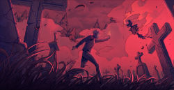 1boy cloud cloudy_sky cross exorcism faith_(game) grass graveyard holding holding_cross john_ward male_focus outdoors pants red_theme short_hair skeleton sky smoke tombstone tree undercut wenny02