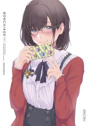10s 1girl black_ribbon blue_eyes blush breasts brown_hair buttons casual cellphone closed_mouth commentary_request embarrassed english_text female_focus frilled_shirt frills glasses hagihara_asami hair_between_eyes hands_up highres holding holding_phone jacket long_sleeves looking_at_viewer matsuno_choromatsu matsuno_ichimatsu matsuno_jyushimatsu matsuno_karamatsu matsuno_osomatsu matsuno_todomatsu mole mole_under_mouth neck_ribbon nose_blush open_clothes open_jacket original osomatsu-kun osomatsu-san osomatsu_(series) phone red_jacket ribbon shirt short_hair simple_background skirt smartphone smile solo standing suspender_skirt suspenders sweat sweatdrop upper_body white_background white_shirt