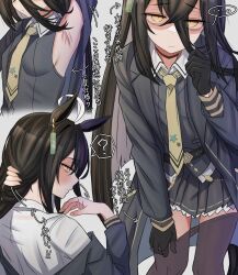 ... 1girl ? absurdres adjusting_hair ahoge animal_ears armpits arrow_(symbol) bags_under_eyes black_choker black_coat black_gloves black_hair black_pantyhose black_shirt black_skirt blush breasts choker coat collared_shirt ear_tag earrings frown gloves hair_between_eyes highres horse_ears horse_girl horse_tail jewelry jitome leogust long_hair long_hair_between_eyes long_sleeves looking_at_viewer manhattan_cafe_(umamusume) multicolored_hair nape necktie open_clothes open_coat pantyhose partially_shaded_face pleated_skirt removing_legwear shirt sideboob single_earring skirt sleeveless sleeveless_shirt small_breasts solo speech_bubble tail umamusume variant_set very_long_hair white_shirt yellow_eyes yellow_necktie