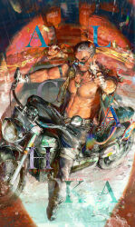 Rule 34 | 1boy, abs, absurdres, aiming, aiming at viewer, alca (wakatanka4), animal ears, bara, bare pectorals, black pants, black vest, character name, daylightallure, fingerless gloves, from above, gloves, gun, gyee, highres, holding, holding gun, holding weapon, large pectorals, lion ears, lion tail, male focus, motor vehicle, motorcycle, muscular, muscular male, navel, nipples, open clothes, open vest, pants, pectorals, sunglasses, tail, vest, weapon, white gloves