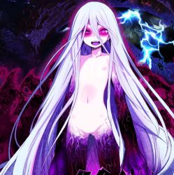 1girl :d arms_at_sides blue_hair bright_pupils collarbone cowboy_shot electricity female_focus flat_chest gele hair_between_eyes heterochromia jill_(rance_series) loli long_hair looking_at_viewer monster_girl navel nipples no_pussy nude onono_imoko open_mouth pale_skin pink_eyes purple_eyes rance_(series) rance_03 rance_03_leazas_kanraku skinny smile solo standing stomach straight_hair very_long_hair