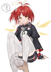 1girl ? absurdres arknights black_gloves black_jacket blush chinese_commentary closed_mouth commentary crop_top cropped_jacket detached_wings embarrassed exusiai_(arknights) exusiai_the_new_covenant_(arknights) feet fingerless_gloves full_body gloves grey_thighhighs halo highres holding_another&#039;s_foot jacket long_sleeves looking_at_viewer mofashi_(sxaf8777) no_shoes one_side_up pov pov_hands red_hair short_hair simple_background soles solo_focus spoken_question_mark sweatdrop thighhighs toes traditional_halo wavy_mouth white_background wings yellow_eyes yellow_halo