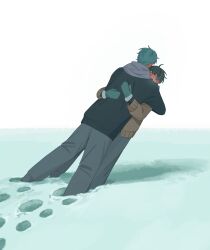 1boy 1girl black_hair blue_hair breath commentary_request falling floyd_leech footprints grey_scarf hetero highres hug jacket mittens mutual_hug n0_2434 outdoors scarf short_hair snow twisted_wonderland winter yuu_(twisted_wonderland)