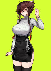 1girl black_nails black_skirt black_thighhighs breasts brown_hair cowboy_shot fingernails glasses green_background grin high-waist_skirt highres large_breasts liz_(nin_fake) long_sleeves looking_at_viewer miniskirt nin_fake original pencil_skirt pointy_ears red_eyes ribbed_sweater short_hair short_hair_with_long_locks sidelocks simple_background skirt smile solo standing suspender_skirt suspenders sweater thighhighs turtleneck turtleneck_sweater white_sweater zettai_ryouiki