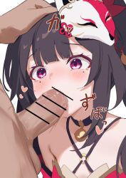 1boy 1girl bar_censor bare_shoulders bell blunt_bangs brown_hair censored commentary_request criss-cross_halter fellatio fox_mask halterneck hand_on_another&#039;s_head heart hetero highres honkai:_star_rail honkai_(series) light_blush mask mask_on_head neck_bell oral pink_eyes sidelocks sparkle_(honkai:_star_rail) tearing_up yomiji292