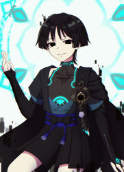 Rule 34 | 1boy, absurdres, aqua halo, arm at side, armor, belt, black belt, black bodysuit, black bow, black bridal gauntlets, black eyes, black gemstone, black hair, black kimono, black sleeves, blue kimono, blue rope, blue sash, blue sleeves, blunt ends, bodysuit, bow, bridal gauntlets, covered collarbone, dark persona, eyeliner, eyeshadow, feathers, gem, genshin impact, glitch, glowing markings, hakama, hakama shorts, halo, halo behind head, hand up, highres, hollow eyes, japanese armor, japanese clothes, juban, kimono, kote, kurokote, layered sleeves, looking at viewer, magic circle, makeup, male focus, mandarin collar, middle ring, open clothes, open kimono, parted lips, pleated shorts, pom pom (clothes), red eyeliner, red eyeshadow, rina sukareltuto, rope, sash, scaramouche (genshin impact), short sleeves, shorts, shoulder peek, smile, solo, tassel, tsurime, vision (genshin impact), wanderer (genshin impact), white background, white mouth, wispy bangs