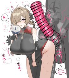 1girl ahoge animal_penis bar_censor bestiality black_dress blush breasts brown_hair censored commentary dress gigantic_penis hair_intakes hair_over_one_eye hand_fan hand_up hanging_breasts heart hetero highres horn/wood horse_penis huge_breasts huge_testicles looking_back parted_lips penis purple_eyes short_hair simple_background smile solo_focus spoken_heart standing sweat sweety_(zenless_zone_zero) symbol-only_commentary testicles veins veiny_penis veiny_testicles white_background zenless_zone_zero